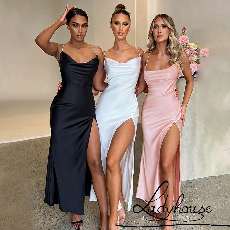 Đầm Dài Hai Dây Màu Trơn Hở Lưng Xẻ Tà Cao Thời Trang Mùa Hè Dành Cho Nữ