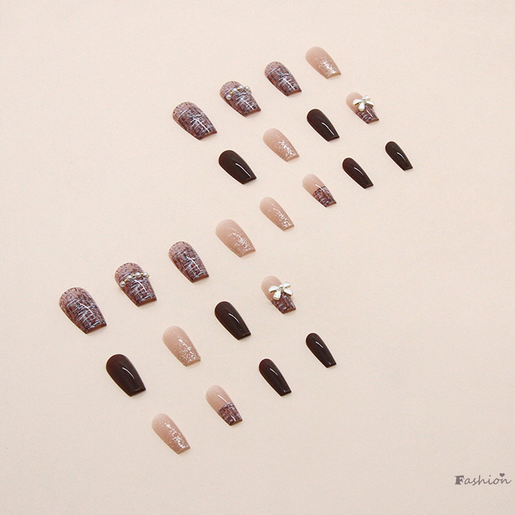 Móng Tay Giả Màu Cà Phê / Thắt Nơ Đính Ngọc Trai Lâu Trôi Chống Thấm Nước An