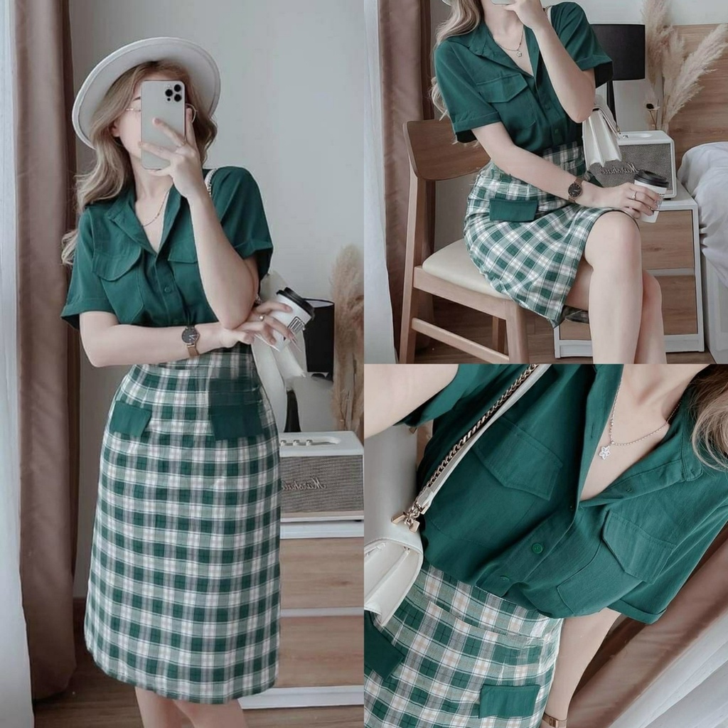 Set Bộ Áo Sơ Mi Tay Ngắn Phối Chân Váy Caro Xanh Lá Công Sở Dạo Phố BY7162