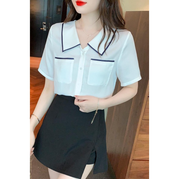 Áo Sơ Mi Satin Tay Ngắn Màu Sắc Tương Phản Phong Cách Pháp Chất Lượng Cao Cho Nữ