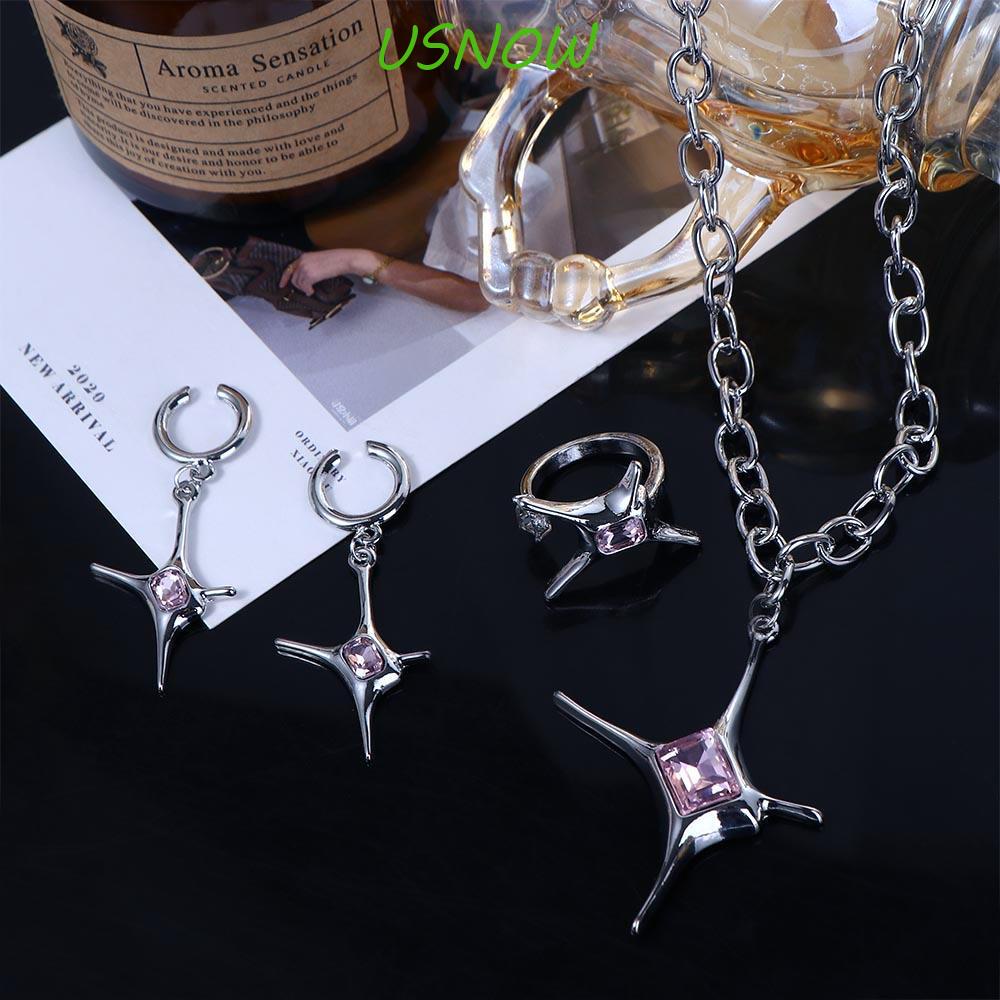 Áo Kiểu Màu Hồng Họa Tiết USNOW Xinh Xắn Đáng Yêu|Bộ Vòng cổ Và Bông Tai Bằng Kim Loại Y2K Thiết Kế Đơn Giản Sáng Tạo