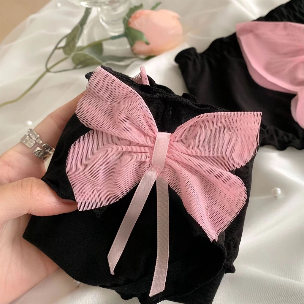 Quần Lót Cotton Màu Đen Lưng Thấp Đính Nơ Hồng Ngọt Ngào Phong Cách Nhật Bản