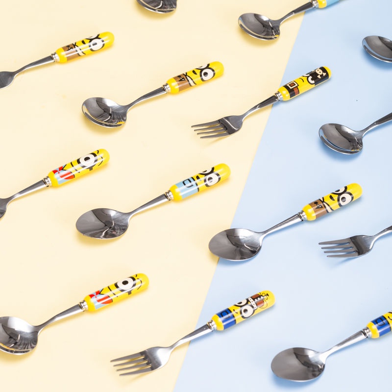 Bộ 3 Muỗng Nĩa Tròn Bằng Thép Không Gỉ Tay Cầm Sứ In Hoạt Hình Sáng Tạo Dễ Thương Cho Trẻ Em Graby2023