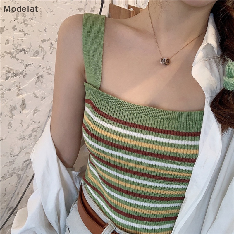 Áo Dệt Kim Hai Dây Dáng Ôm In Họa Tiết Kẻ Sọc Phong Cách Vintage Thời Trang Mùa Hè Dành Cho Nữ