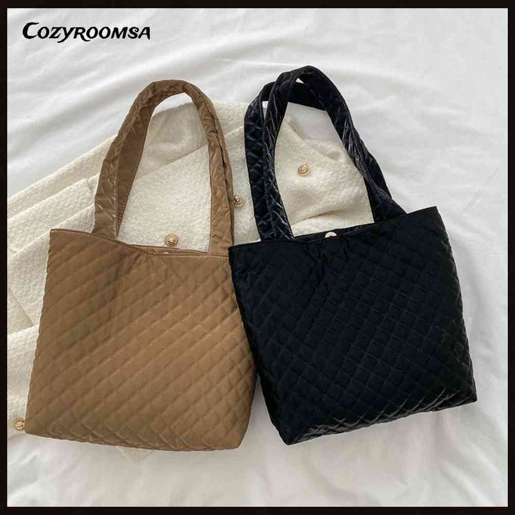 Túi Xách Đeo Vai Có Đệm Cotton Họa Tiết Lưới Hình Thoi Sức Chứa Lớn Cho Nữ