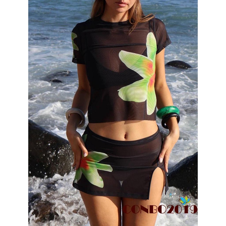 Set Đồ Mùa Hè 2 Món Gồm Áo Thun Lưới Mỏng Tay Cộc In Họa Tiết Hoa + Chân Váy Chữ A Mini Cho Nữ