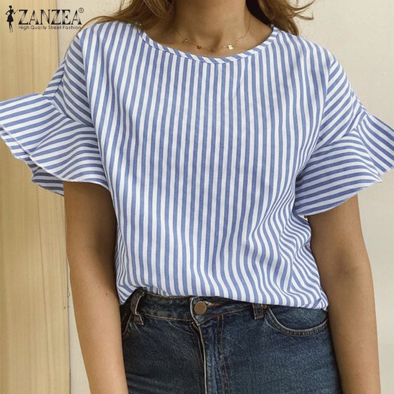 Zanzea Áo Kiểu Cổ Tròn Hở Vai Viền Bèo Họa Tiết Kẻ Sọc Thời Trang Hàn Quốc Cho Nữ