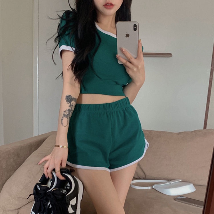 Set Áo baby tee Thun croptop Ngắn Tay + Quần Short Thể Thao Thời Trang Mùa Hè Cho Nữ