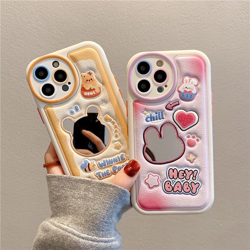 Ốp Điện Thoại Da Silicon Mềm Chống Sốc Gắn Gương Hình Gấu / Thỏ Cho iPhone 14 13 12 11 Pro Max 14 Plus