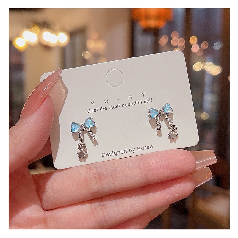 Bông Tai Mạ Bạc 925 Hình Nơ Đính Đá Zircon Xanh Dương Siêu Thần Tiên Thời Trang Cho Nữ