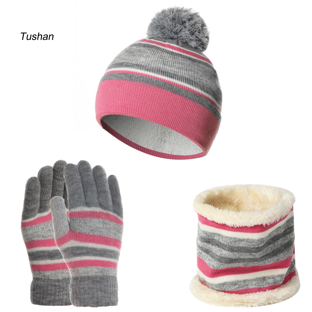 1 Bộ Găng Tay Và Mũ Dệt Kim Dày Dặn Mềm Mại Co Giãn Họa Tiết Kẻ Sọc Thời Trang Thu Đông Cho Bé