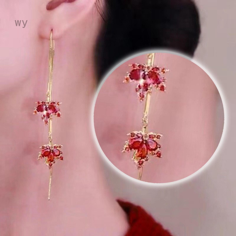 Khuyên Tai Vòng Hình Lá Dát Zircon Màu Đỏ Thời Trang Tinh Tế Cho Nữ