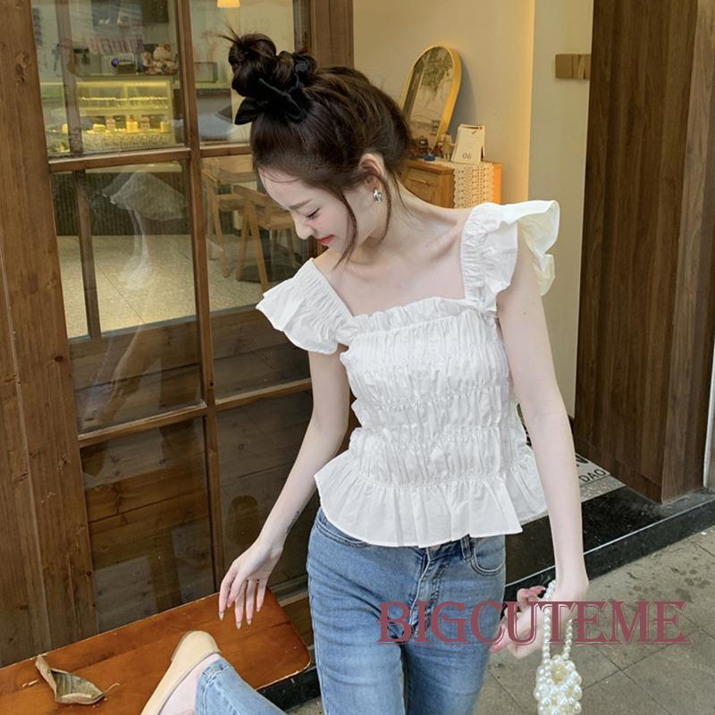 Áo Croptop Cổ Vuông Tay Bay Màu Sắc Trơn Thời Trang Mùa Hè Dành Cho Nữ