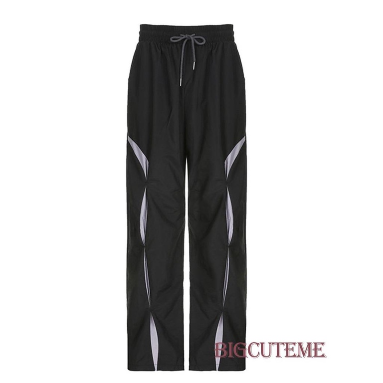 Quần Dài Dáng Suông Lưng Thun Rút Dây Màu Sắc Tương Phản Thời Trang Đường Phố Cho Nữ