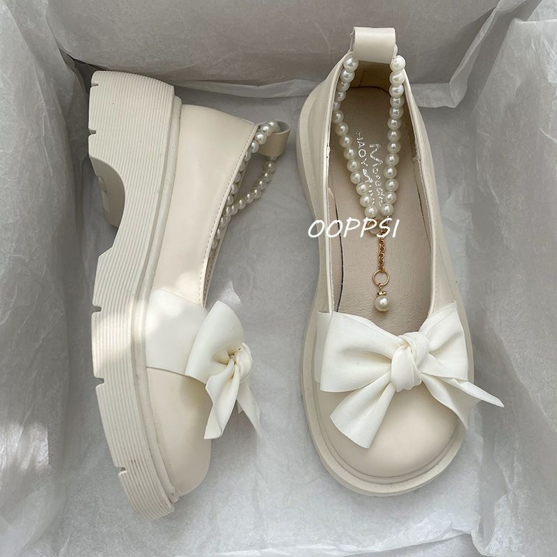 Giày Búp Bê Da Đế Dày Đính Nơ Ngọc Trai Phong Cách Lolita