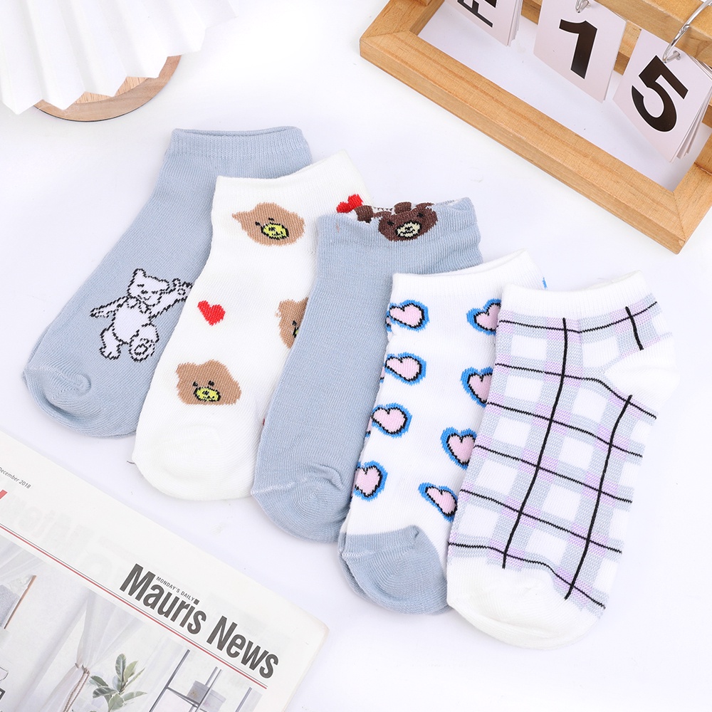 Bộ 5 Đôi Vớ Ngắn Bằng Cotton Mềm Thoáng Khí Không Trơn Họa Tiết Gấu Hoạt Hình Dễ Thương Cho Nữ