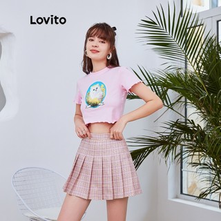 Áo thun Lovito cổ tròn cắt viền nhún in họa tiết dễ thương L04087 (Hồng)