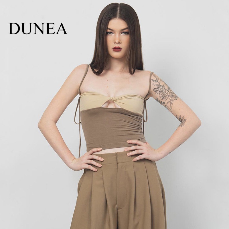 DUNEA Áo Croptop Cổ Yếm Ôm Dáng Thiết Kế Khoét Rỗng Gợi Cảm Cho Nữ