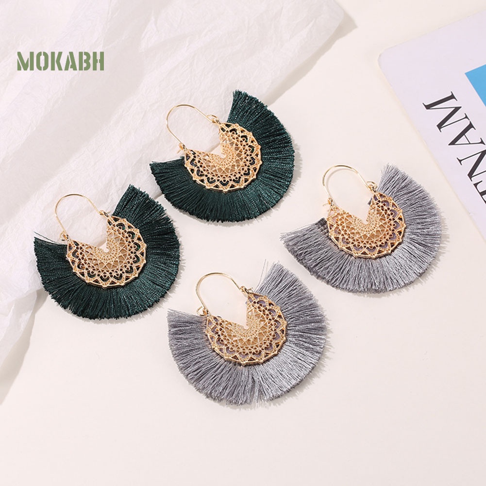 Bông Tai Hình Quạt Phối Tua Rua Phong Cách Bohemian Thời Trang Cho Nữ