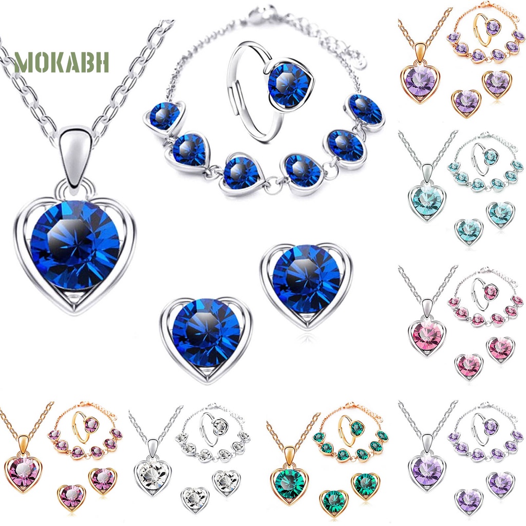 Set 4 Vòng cổ / Nhẫn / Khuyên Tai / Vòng Tay Hình Trái Tim Đính Đá Lấp Lánh Dễ Điều Chỉnh