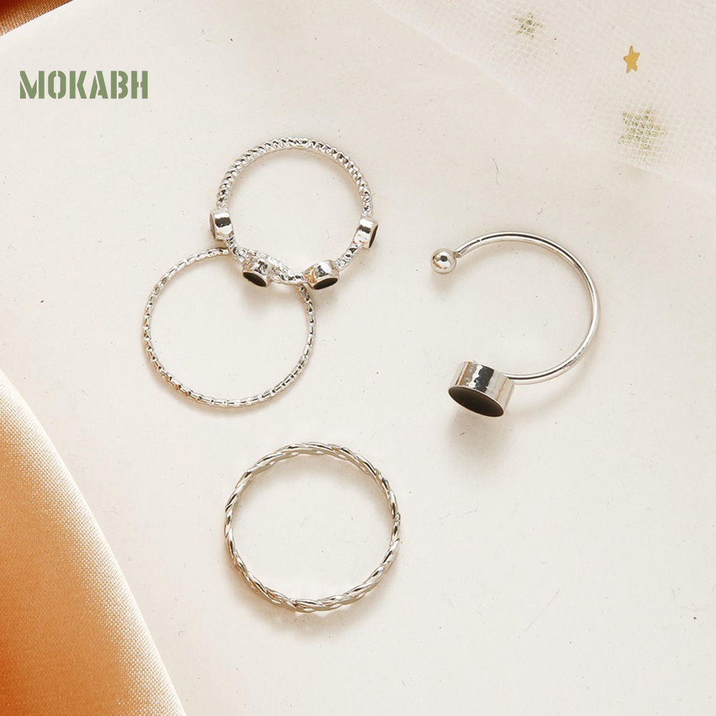 Set 4 Nhẫn Đeo Đốt Ngón Tay Bằng Bạc Phong Cách Hình Học Màu Sắc Mượt Mà Điều Chỉnh Được Dành Cho Nữ