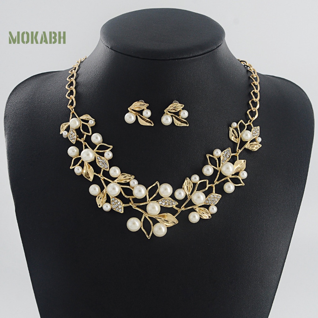 1 Bộ Vòng cổ + Bông Tai Hình Chiếc Lá Đính Đá &amp; Ngọc Trai Giả Sang Trọng