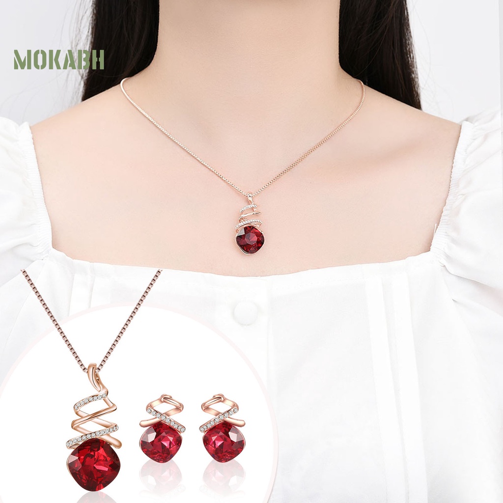 1 Bộ Vòng cổ + Bông Tai Hình Học Xoắn Đính Đá Màu Đỏ Thời Trang Dành Cho Nữ