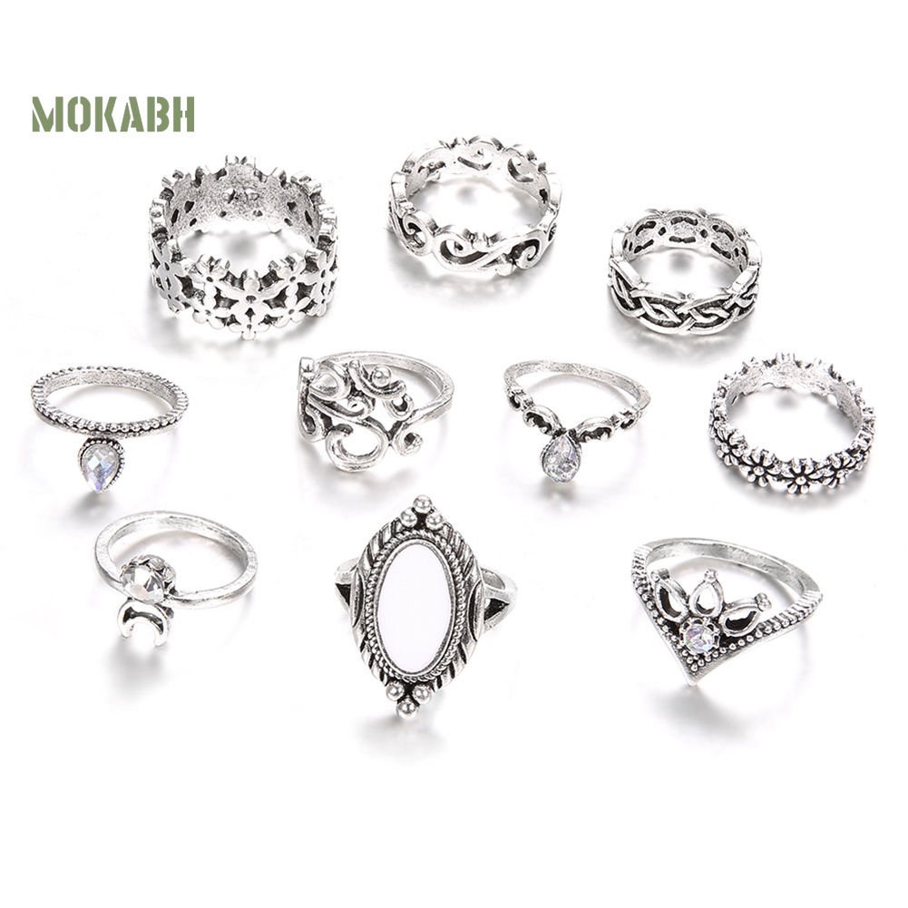 Set 10 Nhẫn Đeo Khớp Ngón Tay Đính Đá Opal Giả Phong Cách Retro Cho Nữ