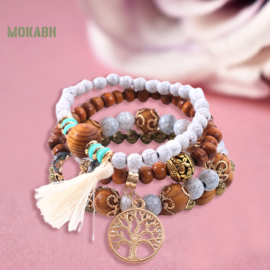 Bộ 4 Vòng Tay Chuỗi Hạt Gỗ Tua Rua Thời Trang Cho Nam Và Nữ