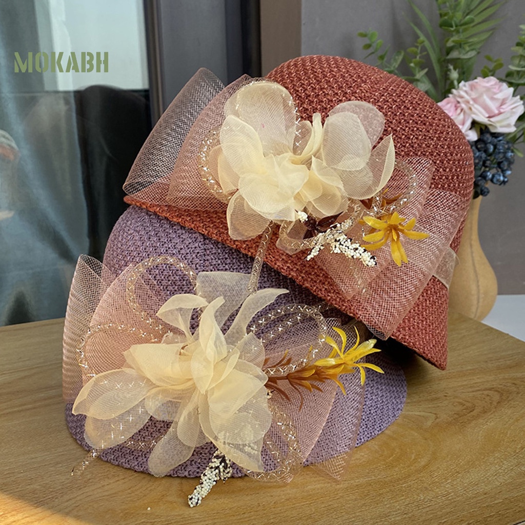 [Mok Abh] Mũ Vành Tròn Phối Lưới Họa Tiết Hoa Thời Trang Mùa Hè Cho Nữ