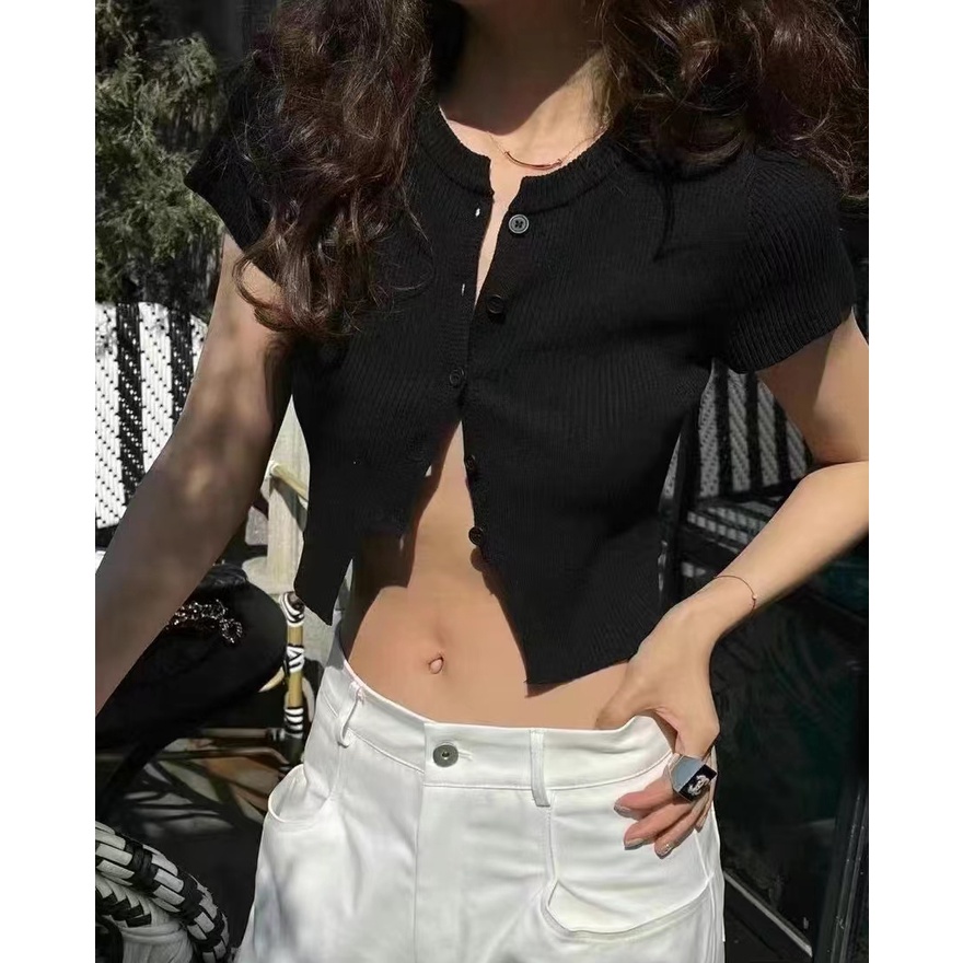 SUXI Áo Croptop Dệt Kim Tay Ngắn Màu Sắc Thanh Lịch