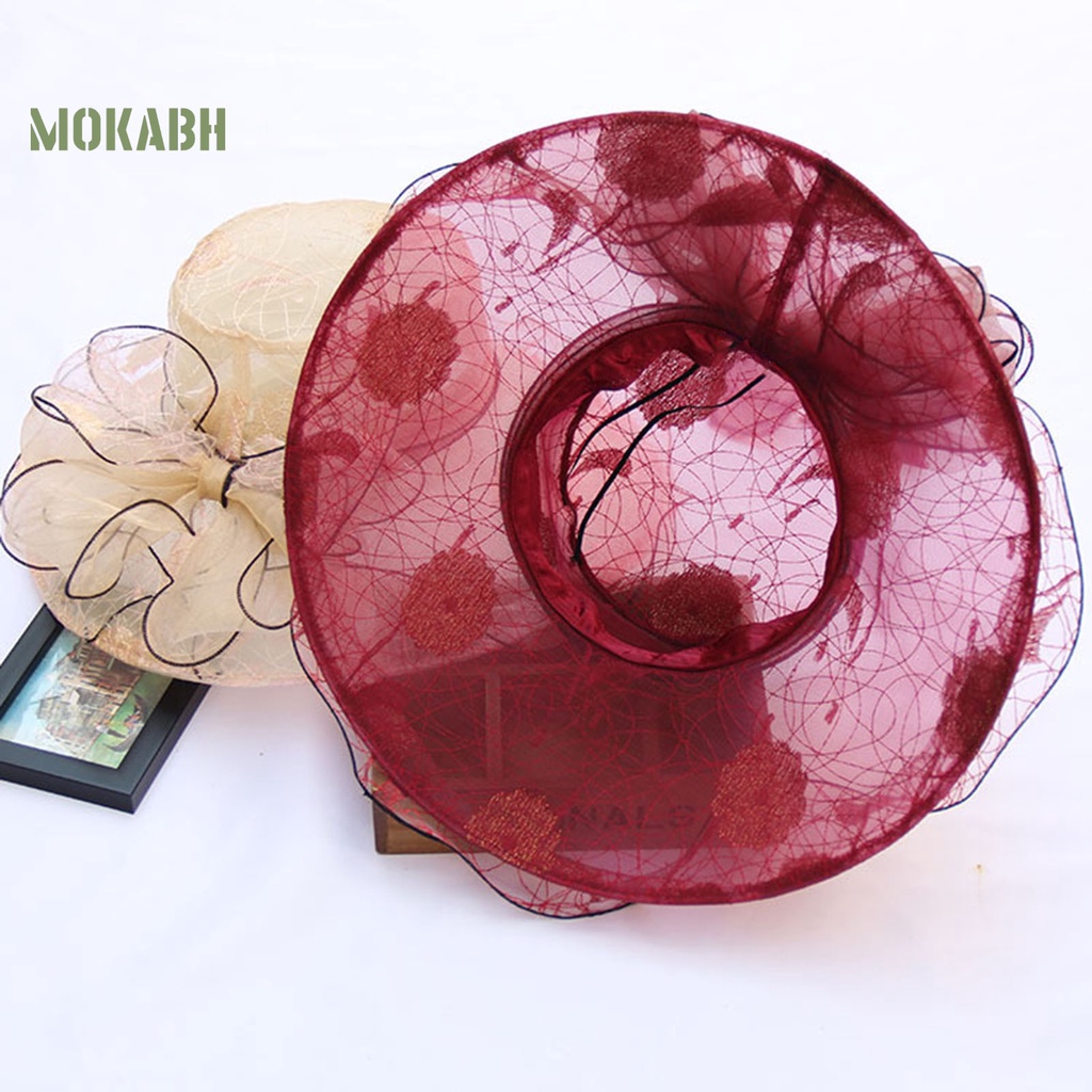 [Mok Abh] Mũ Rộng Vành Vải Hoa Nhìn Xuyên Thấu Viền Gợn Sóng Sang Trọng Thắt Nơ Sang Trọng Cho Nữ Đi Biển
