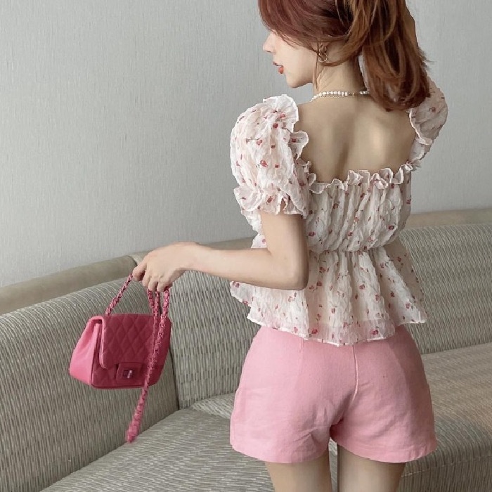 Nzn Áo Sơ Mi Voan Crop top Trễ Vai Xẻ Tà In Họa Tiết Hoa Hàn Quốc Cho Nữ