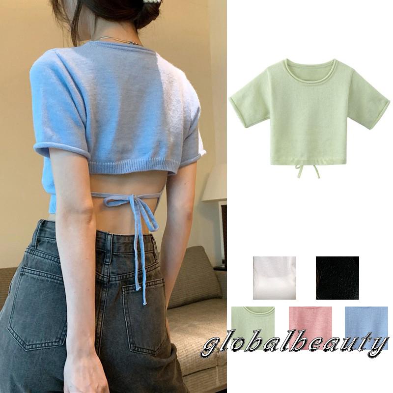 Áo Thun Crop Top Dệt Kim Tay Ngắn Cổ Tròn Hở Lưng Màu Sắc Đơn Giản Cho Nữ