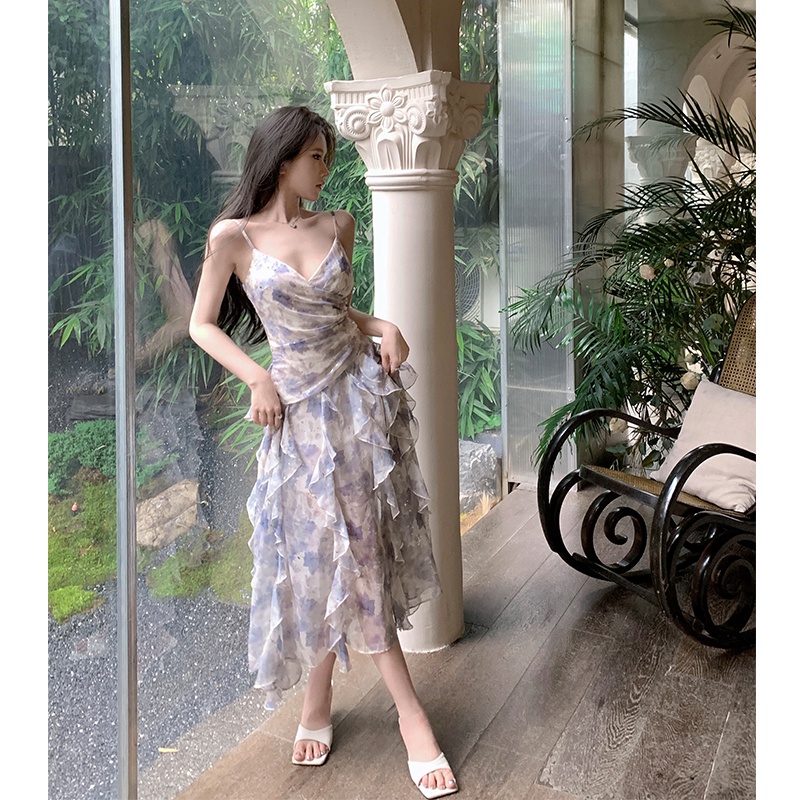 Đầm Voan Hoa Hai Dây Cổ Chữ V Thời Trang Mùa Hè Dành Cho Nữ