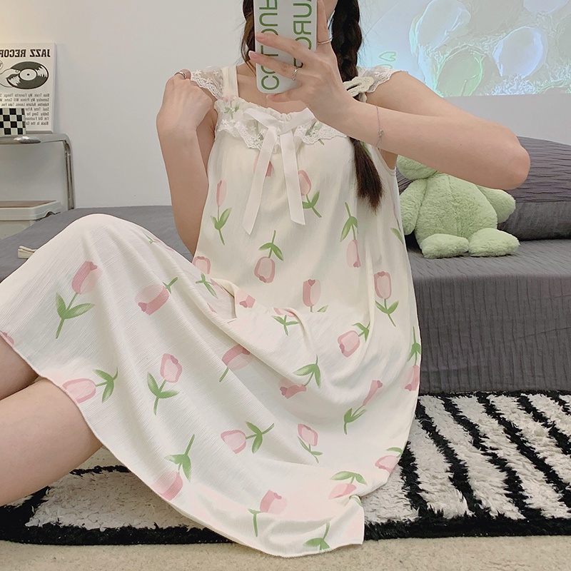 Đầm Ngủ Cotton Dệt Kim Phối Ren Có Đệm Ngực Phong Cách Công Chúa Ngọt Ngào Thời Trang Mùa Hè Kiểu Mới Dành Cho Nữ
