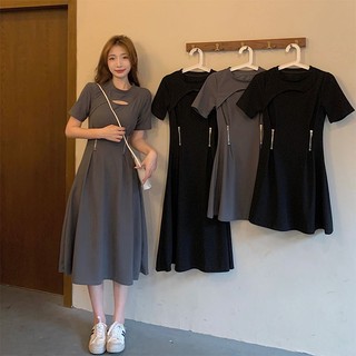 Đầm Chữ A Ngắn Tay Phối Khóa Kéo Xếp Ly Xinh Xắn Thời Trang Cho Nữ