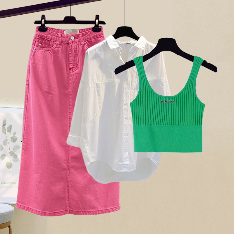 Bộ Áo Sơ Mi Phối Chân Váy Yếm Denim Thời Trang Mùa Xuân 2023 Mới Lạ