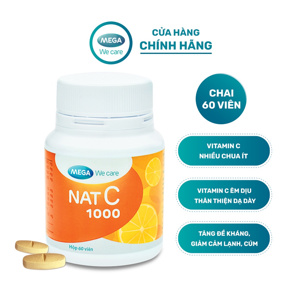Viên Uống Mega We Care NAT C 1000 (Hộp 60 viên) - Bổ Sung Vitamin C Hỗ Trợ Tăng Đề Kháng,Giảm Cảm Lạnh