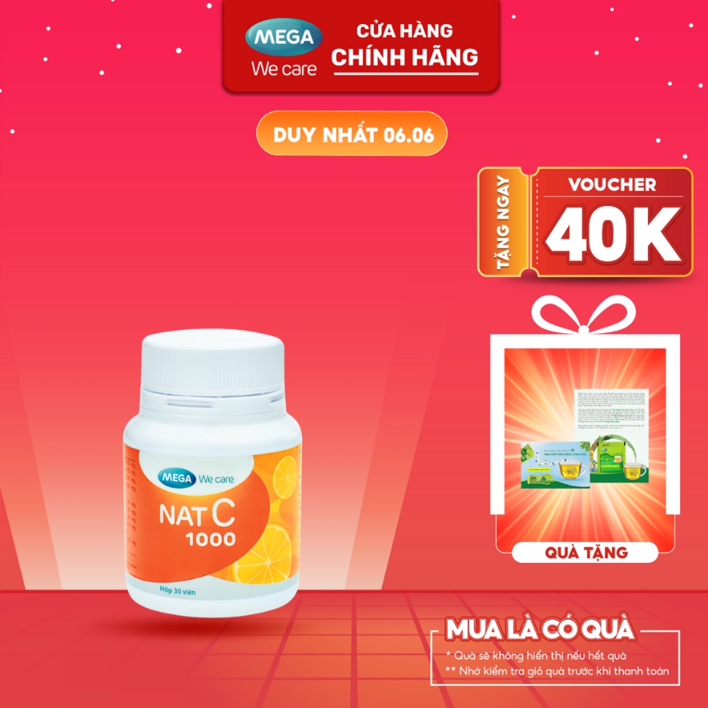 Viên Uống Mega We Care NAT C 1000 Bổ Sung Vitamin C (30 viên) - Hỗ Trợ Tăng Đề Kháng,Giảm Cảm Lạnh Cảm Cúm