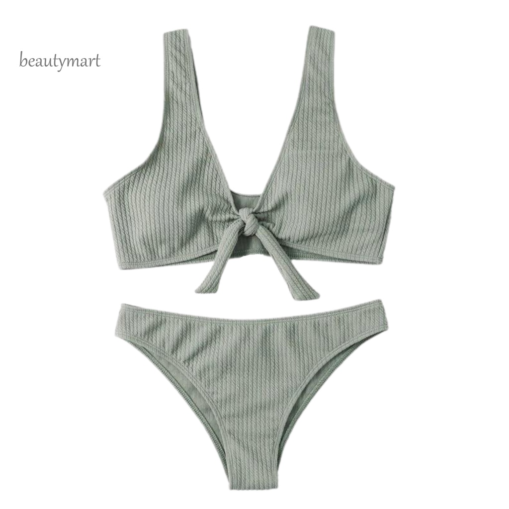 Bộ Đồ Bơi Hai Mảnh Màu Trơn Đính Nơ Co Giãn Dành Cho Nữ