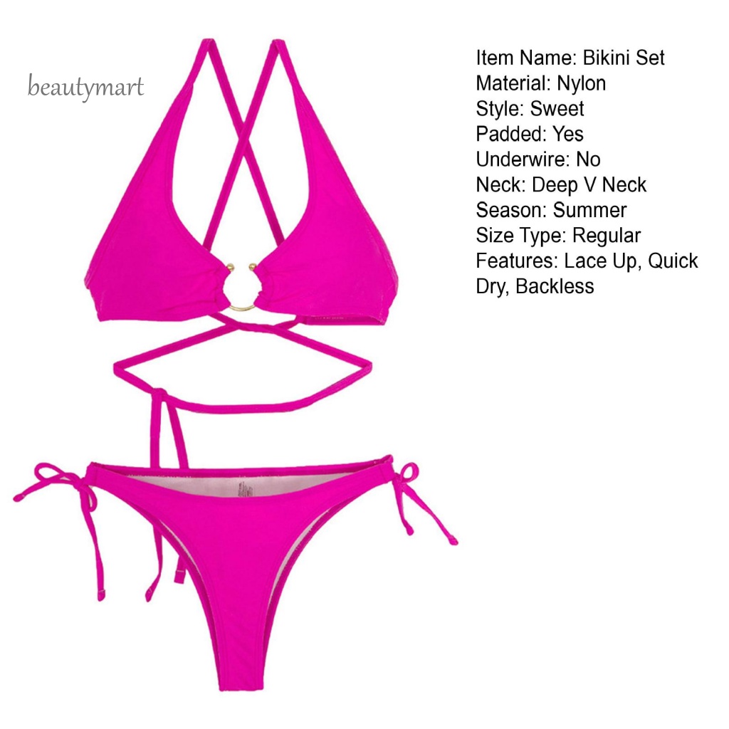 Bộ Đồ Bơi 2 Mảnh Màu Trơn Cổ Khoét Sâu Dây Đan Chéo Lưng Có Mút Nâng Ngực Thời Trang Mùa Hè Cho Nữ