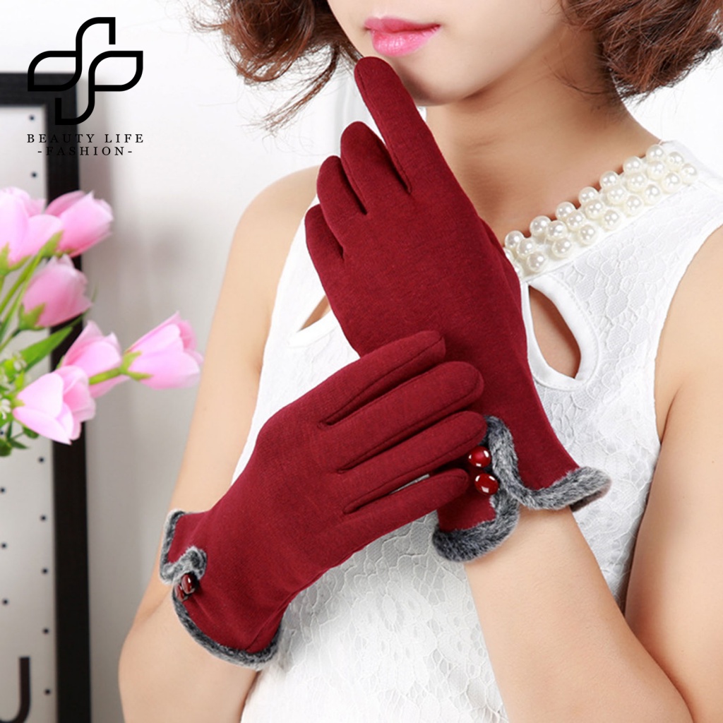 1 Đôi Găng Tay Lông Nhung Dày Hai Nút Giữ Ấm Cho Nữ