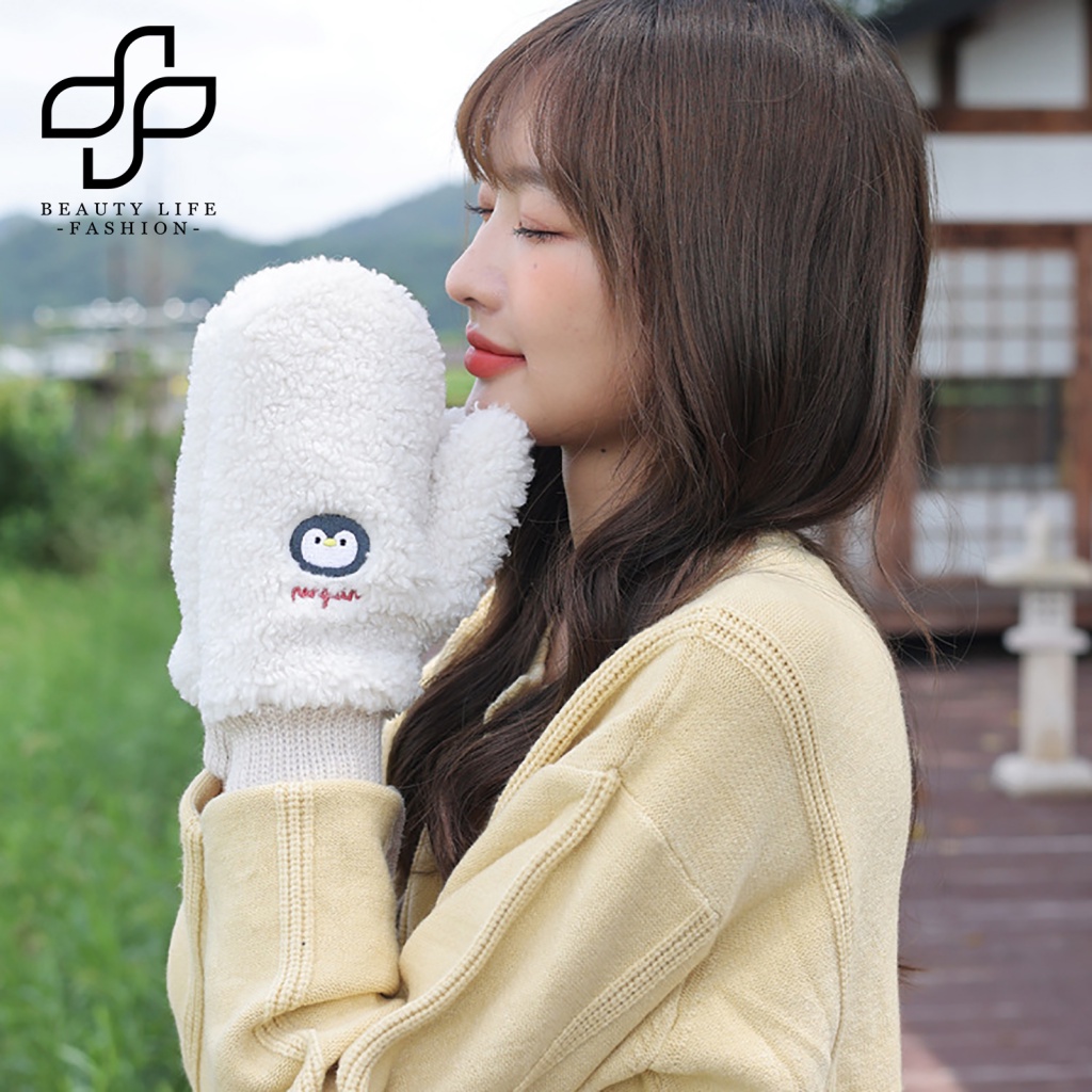 1 Cặp Găng Tay Nhung Dày Dặn Siêu Mềm Chống Lạnh Thêu Hình Động Vật Dễ Thương Cho Nữ