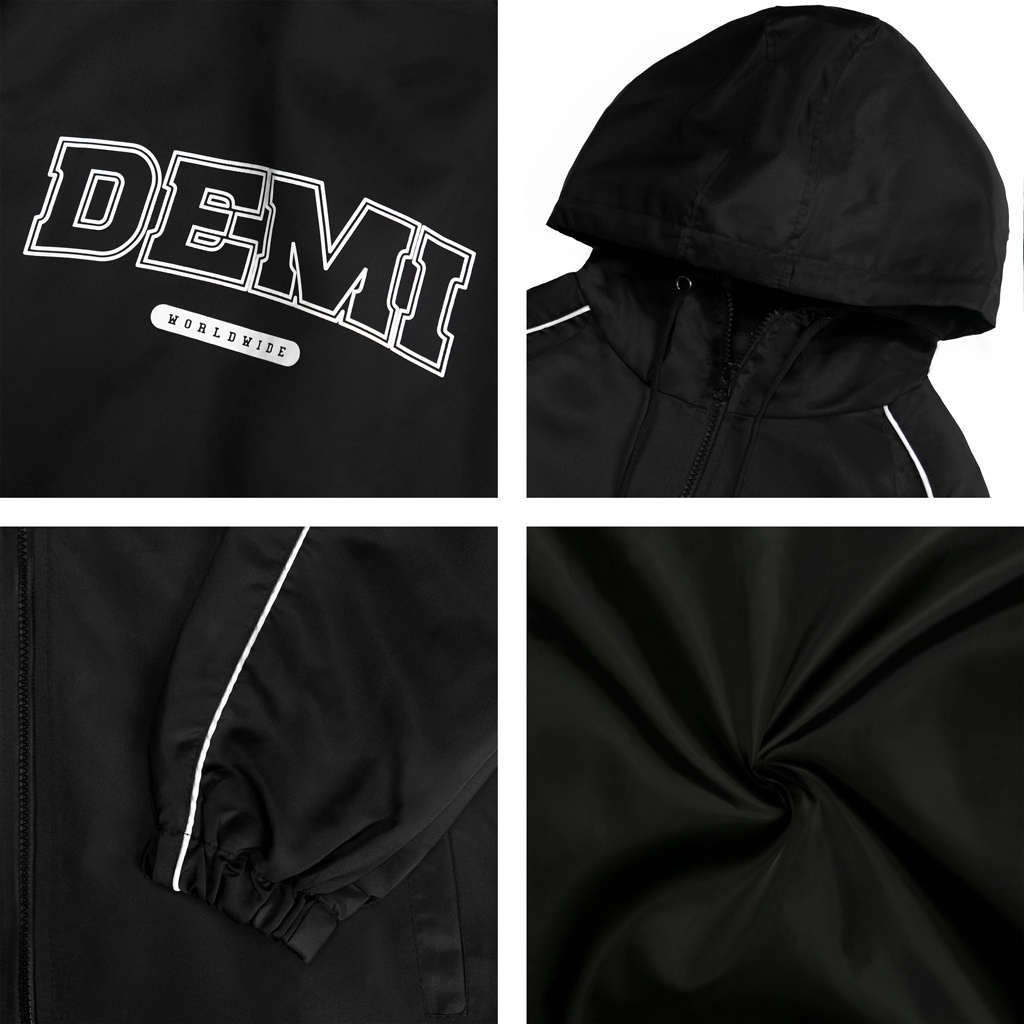 Áo khoác dù nam nữ form rộng, có mũ màu đen kèm sọc tay local brand DEMI | DE-AK62