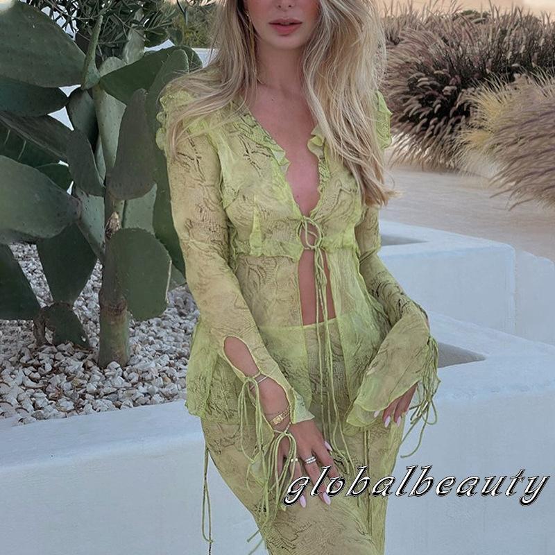 Bộ Trang Phục 2 Mảnh Gồm Áo Dài Tay Cổ Chữ V Thắt Dây Và Chân Váy Dài Thời Trang Mùa Xuân Cho Nữ