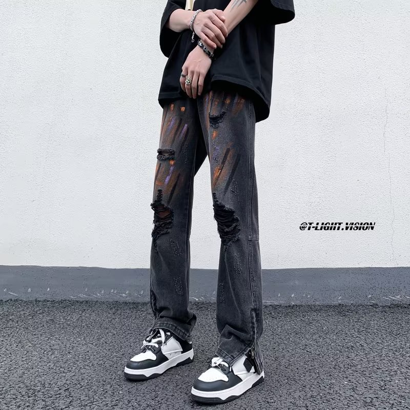 Quần Jean Dài Rách Phối Khóa Kéo Phong Cách Hip Hop Thời Trang Mùa Hè Cá Tính Cho Nam