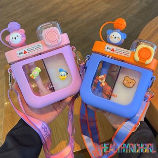 Bình đựng nước hai ngăn 580ml cute bình đựng nước cho bé chia ngăn có dây đeo kèm ống hút và sticker xinh xắn