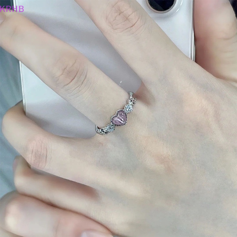 Nhẫn Bạc Đính Đá Opal Hình Trái Tim Màu Hồng Phong Cách Punk Dễ Thương Dành Cho Nữ Mới