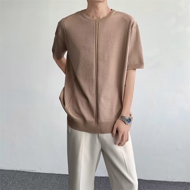 Áo Thun Kaki Dệt Kim Tay Ngắn Dáng Ôm Trọng Lượng Nhẹ 300g Thiết Kế Thoải Mái Thời Trang Đường Phố Cho Nam 5